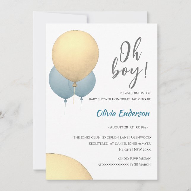 Invitación ¡Oh chico! El bebé globo está a punto de llegar In (Anverso)