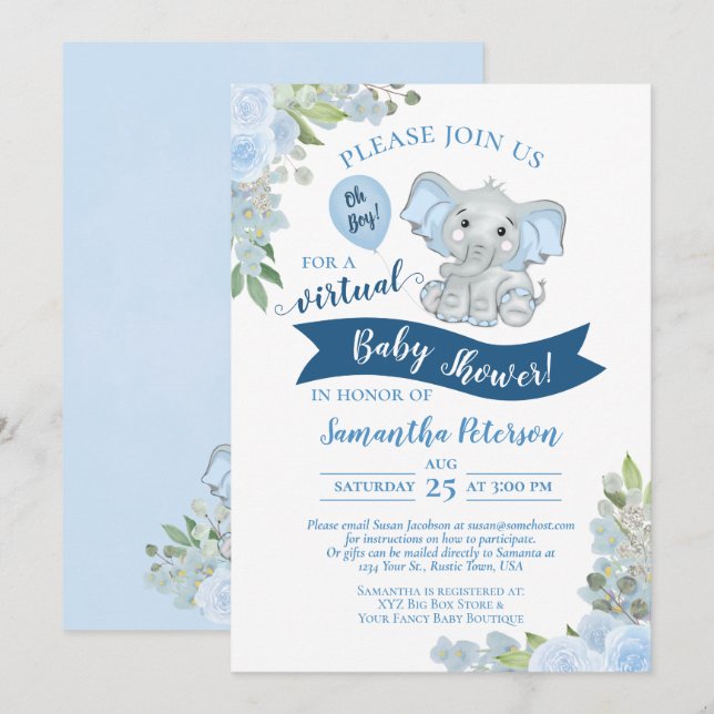Invitación ¡Oh, chico! Elefante azul y Baby Shower virtual fl (Anverso / Reverso)