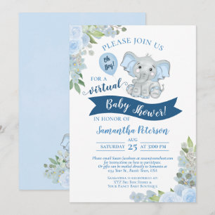 Invitación ¡Oh, chico! Elefante azul y Baby Shower virtual fl