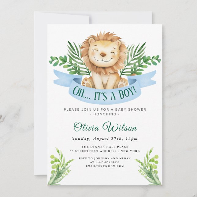 Invitación “¡Oh Chico!” Fiesta de Bebé del León con Verde (Anverso)