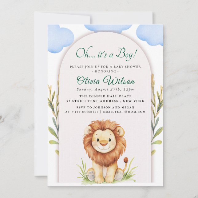 Invitación “¡Oh Chico!” Fiesta de Bebé del León con Verde (Anverso)