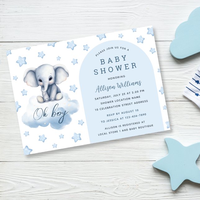 Invitación Oh, chico | Moderno Baby Shower Blue Elephant Boy (Subido por el creador)