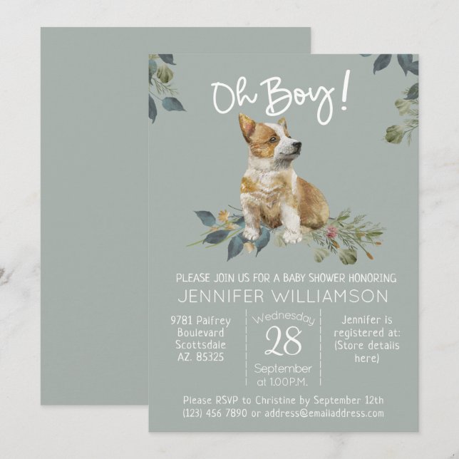 Invitación ¡Oh, chico! Perro Baby Shower Corgi Puppy (Anverso / Reverso)