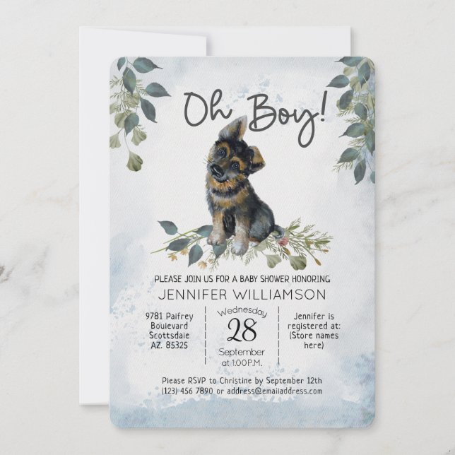 Invitación ¡Oh, chico! Perro Baby Shower German Shepherd (Anverso)