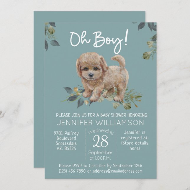Invitación ¡Oh, chico! Perro Cute Baby Shower Labradoodle (Anverso / Reverso)