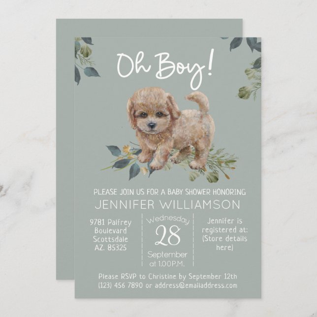 Invitación ¡Oh, chico! Perro Cute Baby Shower Labradoodle Sag (Anverso / Reverso)