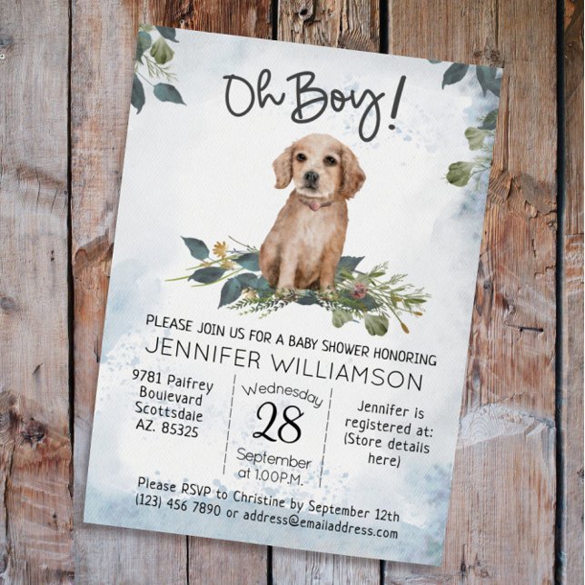 Invitación ¡Oh, chico! Recuperar Baby Shower de perrito acuát (Oh Boy! Puppy Dog Baby Shower Retriever  Watercolor)