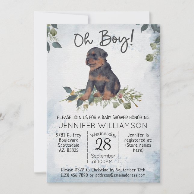 Invitación ¡Oh, chico! Rottweiler Pup Watercolor Baby Shower (Anverso)