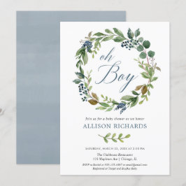 Invitación Oh chico verde hojas polvorientas azul marino flor