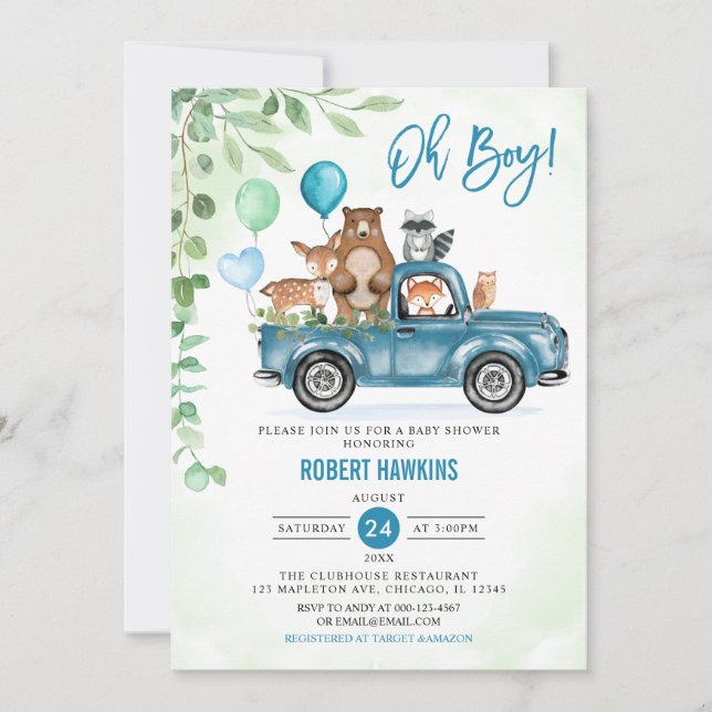 Invitación ¡Oh, chico! Woodland Animals Blue Truck Baby Showe (Anverso)