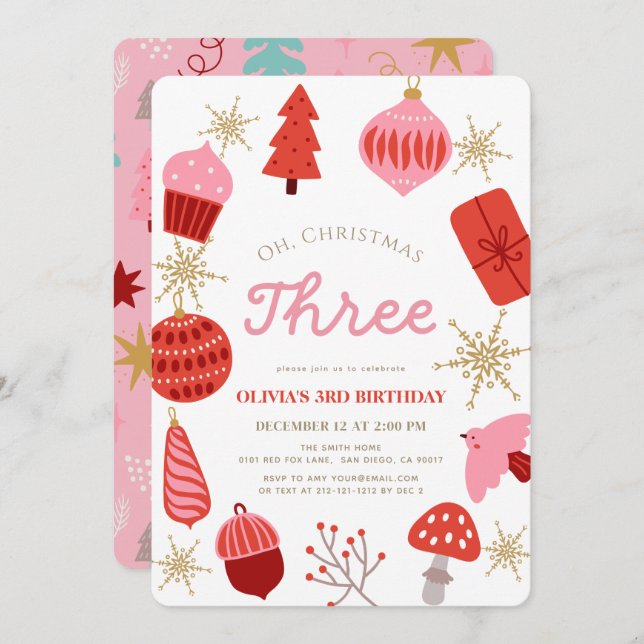 Invitación Oh Christmas Three Christmas Pink 3rd Birthday (Anverso / Reverso)