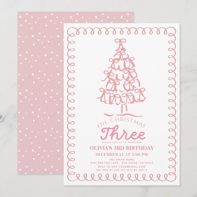 Invitación Oh Christmas Three Pink Bow Tree 3er Cumpleaños (Anverso / Reverso)