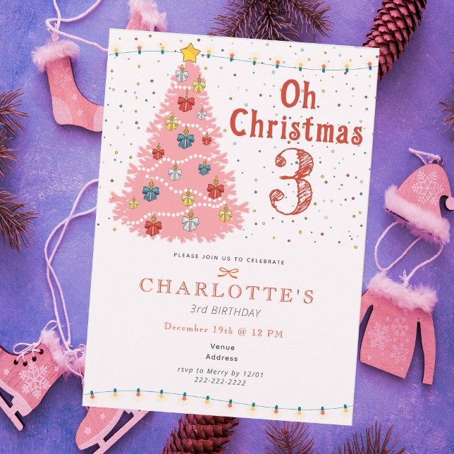 Invitación Oh Christmas Three Pink Girl 3rd Birthday (Oh Christmas Three Pink Girl 3rd Birthday Invitation)