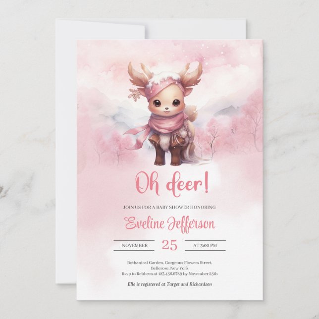 Invitación Oh ciervo de invierno, bebé venado rosa en un bosq (Anverso)