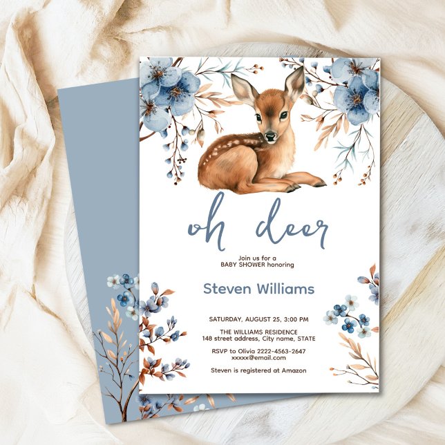 Invitación Oh ciervo lindo bosque rústico flores bebé ducha (Oh deer rustic blue florals with cute forest deer baby shower invitation, gender neutral, woodland )