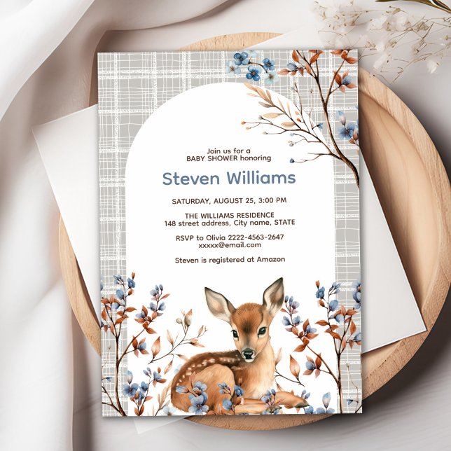 Invitación Oh ciervo lindo bosque rústico flores bebé ducha (Oh deer rustic blue florals with cute forest deer baby shower invitation, gender neutral, woodland )