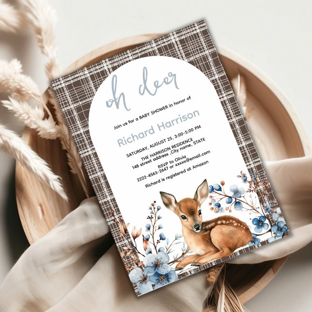 Invitación Oh ciervo lindo bosque rústico flores bebé ducha (Oh deer rustic blue florals with cute forest deer baby shower invitation, gender neutral, woodland )