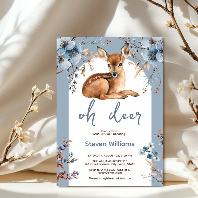 Invitación Oh ciervo lindo bosque rústico flores bebé ducha (Oh deer rustic blue florals with cute forest deer baby shower invitation, gender neutral, woodland )