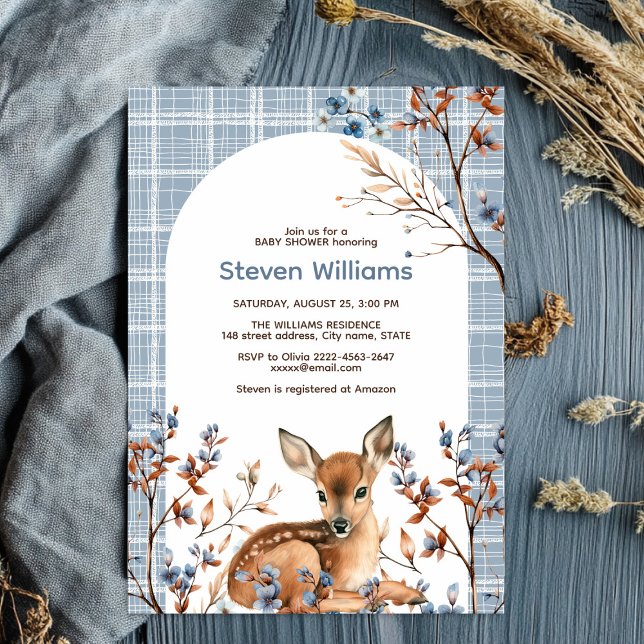 Invitación Oh ciervo lindo bosque rústico flores bebé ducha (Oh deer rustic blue florals with cute forest deer baby shower invitation, gender neutral, woodland )