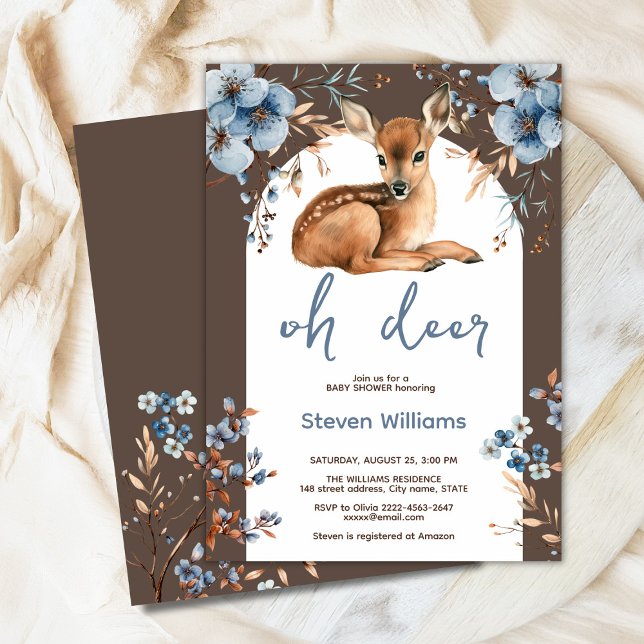 Invitación Oh ciervo lindo bosque rústico flores bebé ducha (Oh deer rustic blue florals with cute forest deer baby shower invitation, gender neutral, woodland )