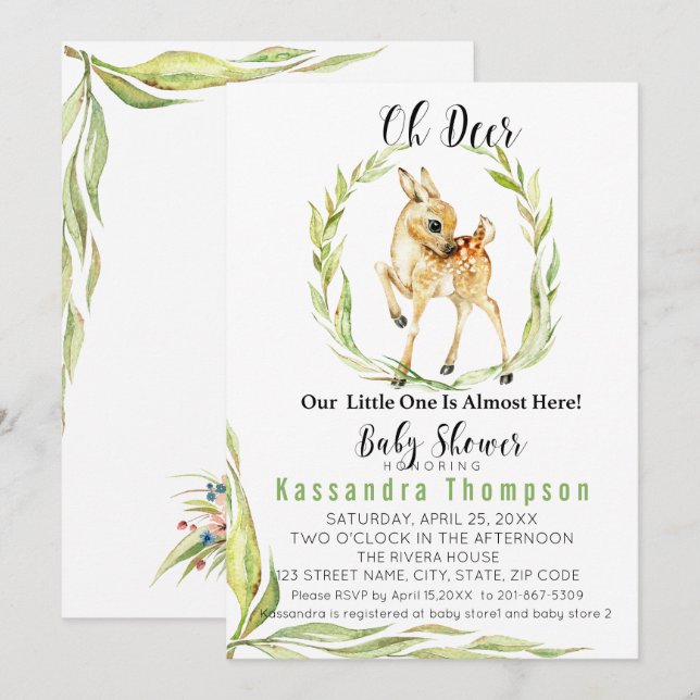 Invitación Oh ciervo, nuestro pequeño está casi aquí Baby Sho (Anverso / Reverso)