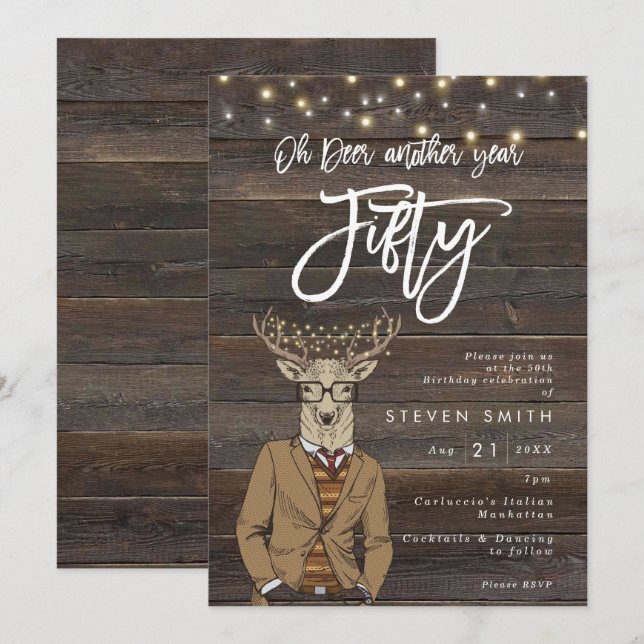 Invitación Oh ciervos luces de madera rústicas 50 cumpleaños (Anverso / Reverso)