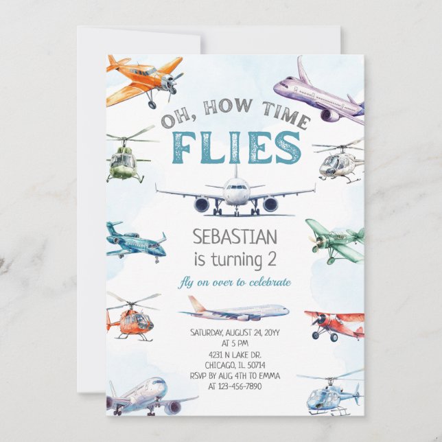 Invitación Oh Cómo Vuela el Tiempo Avión Cumpleaños (Anverso)