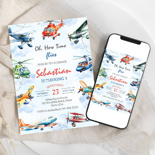 Invitación Oh Cómo Vuela El Tiempo Cumpleaños Infantil Piloto