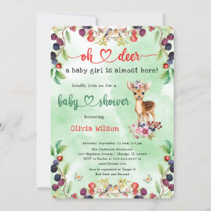 Invitación Oh Deer Baby Girl Berry Flowers Forest Baby Shower