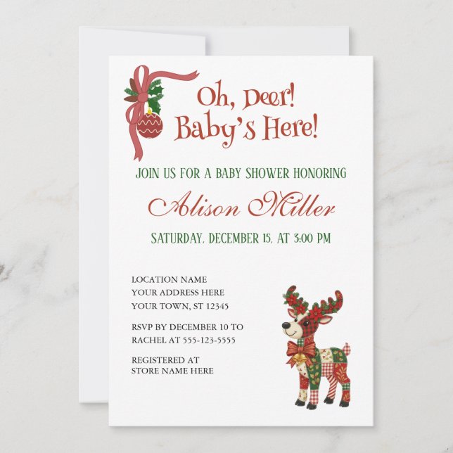 Invitación Oh, Deer! Baby’s Here! – Christmas Baby Shower (Anverso)
