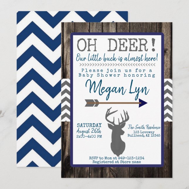 Invitación ¡OH Deer! Baby Shower de Little Buck Navy Gray Che (Anverso / Reverso)