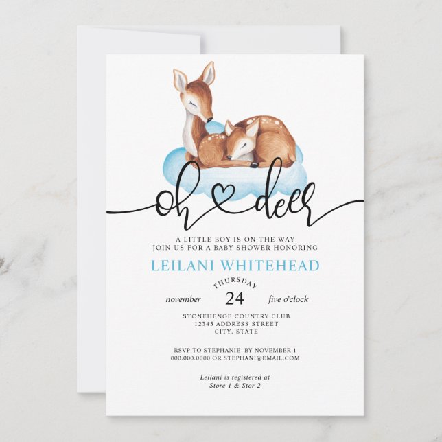 Invitación Oh Deer Baby Shower Watercolor Blue Cloud (Anverso)
