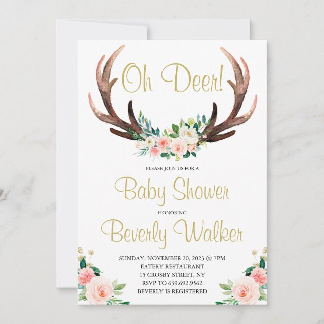 Invitación Oh Deer Baby Shower Watercolor Botánico Floral (Anverso)