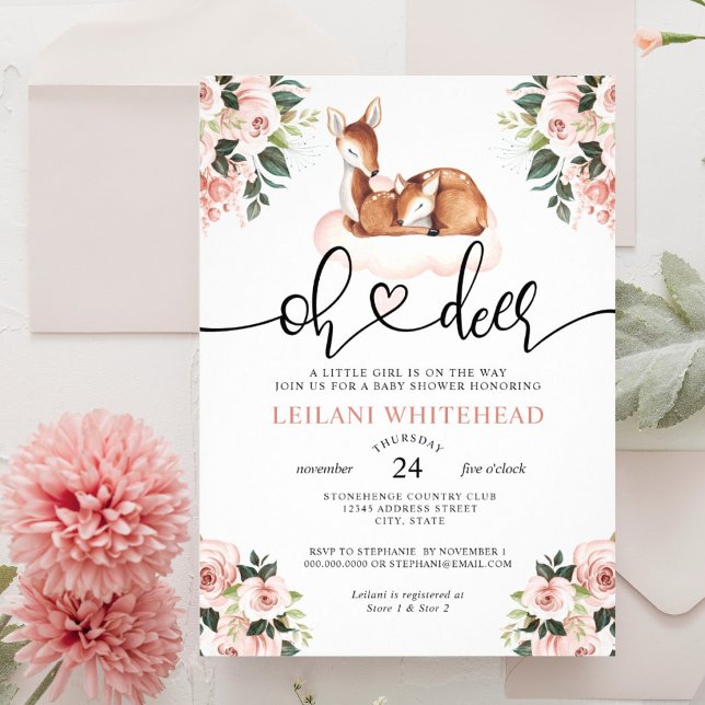 Invitación Oh Deer Baby Shower Watercolor Botánico Floral (Subido por el creador)
