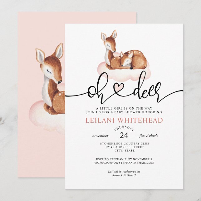Invitación Oh Deer Baby Shower Watercolor Pink Cloud (Anverso / Reverso)