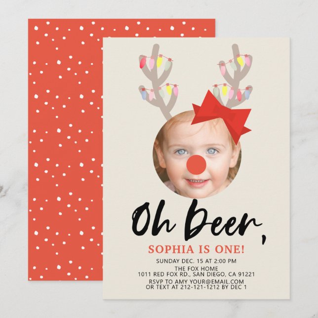Invitación Oh Deer Beige & Red Holiday Foto De Primer Cumplea (Anverso / Reverso)