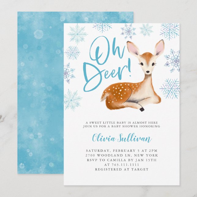 Invitación Oh Deer Blue Winter Baby Shower (Anverso / Reverso)