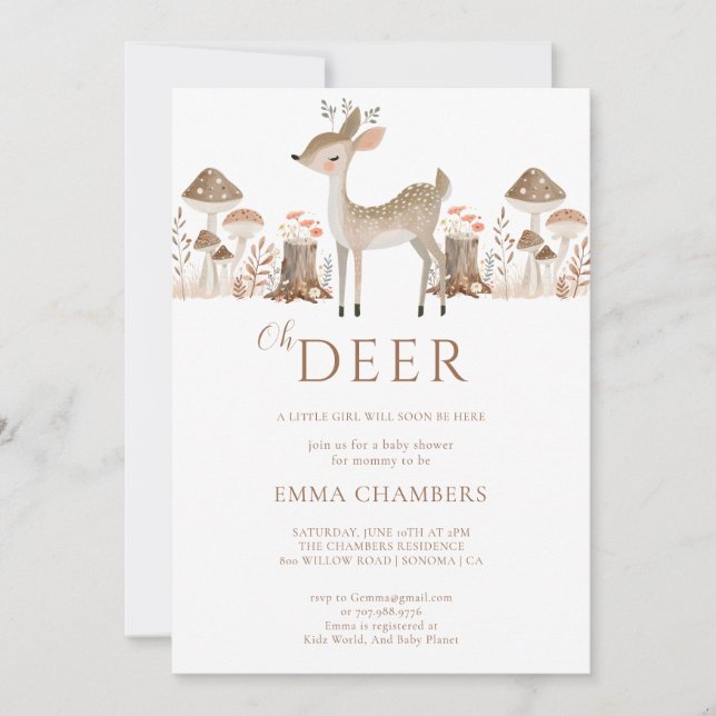 Invitación Oh Deer Boho Woodland Animals Chica Baby Shower (Anverso)