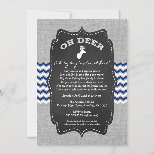 Invitación Oh Deer Buck Baby Sprinkle Marina gris blanco (Anverso)