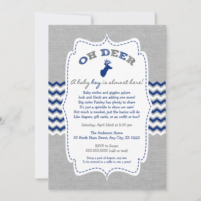 Invitación Oh Deer Buck Baby Sprinkle marina gris blanco (Anverso)