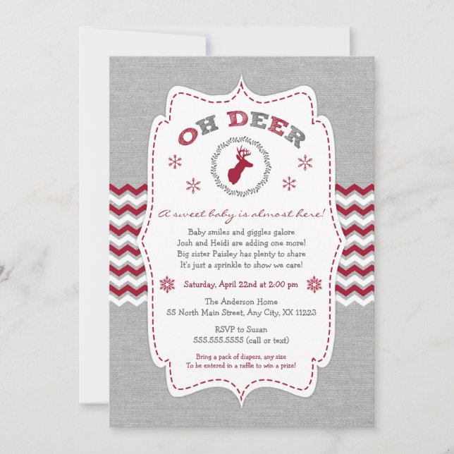 Invitación Oh Deer Buck Baby Sprinkle Winter neutral rojo (Anverso)