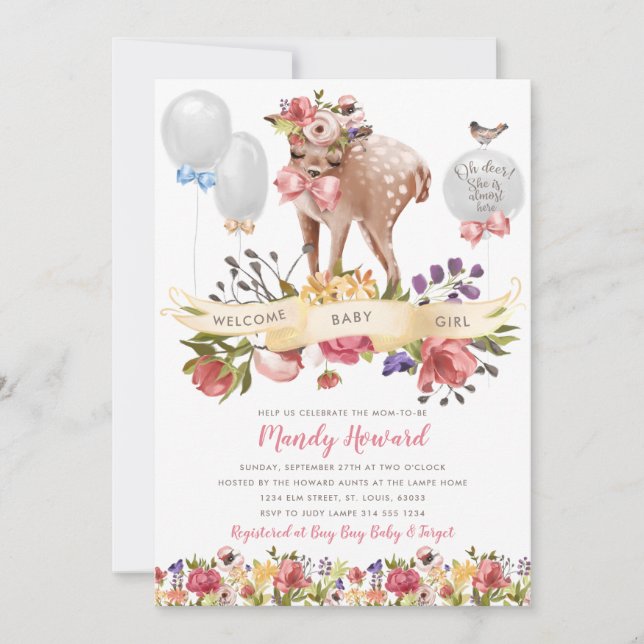Invitación Oh Deer Chica Baby Shower (Anverso)