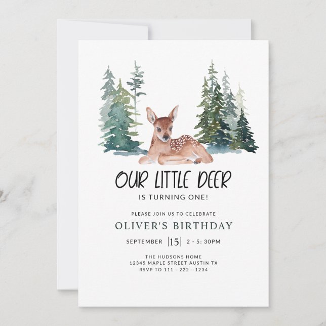 Invitación Oh Deer First Birday Party Woodland Pine (Anverso)