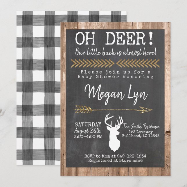 Invitación ¡OH Deer! Little Buck Buffalo Plaid Baby Shower (Anverso / Reverso)