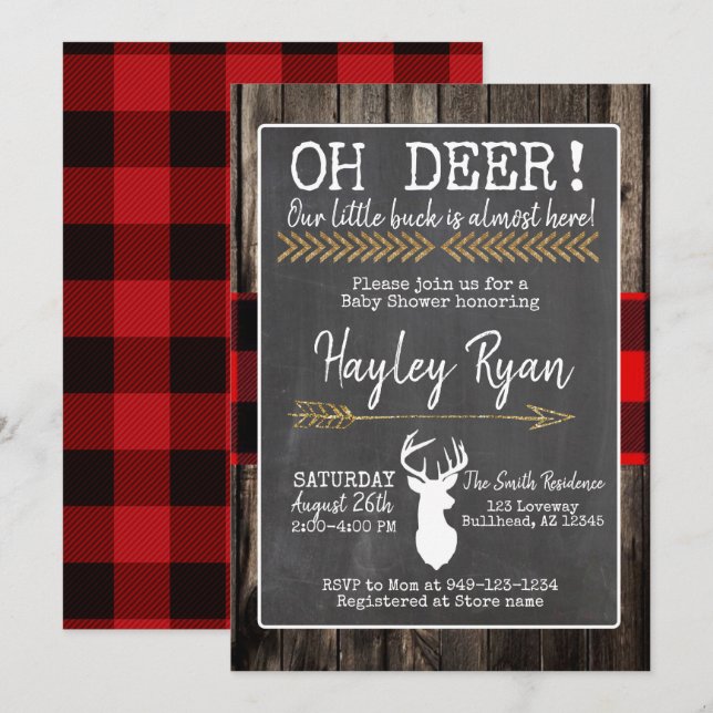 Invitación ¡OH Deer! Little Buck Buffalo Plaid Baby Shower (Anverso / Reverso)