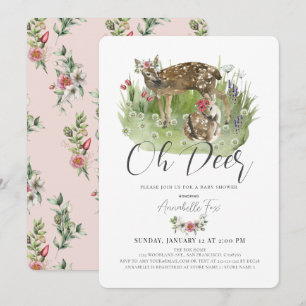 Invitación Oh Deer Mom & Fawn Chica Floral Rosa Baby Shower