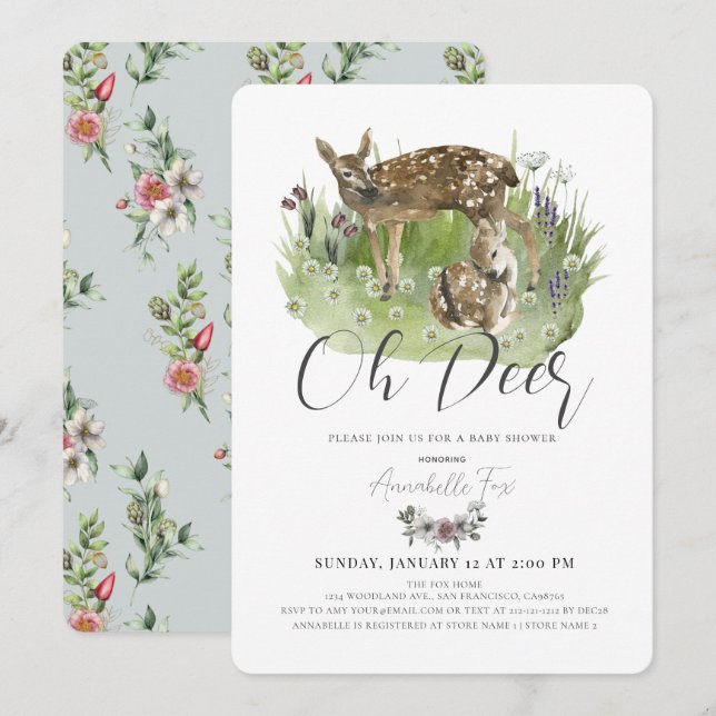 Invitación Oh Deer Mom & Fawn Floral Boy Baby Shower (Anverso / Reverso)