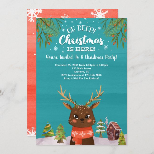 Invitación Oh Deer Navidades Está Aquí Rojo Azul (Anverso / Reverso)