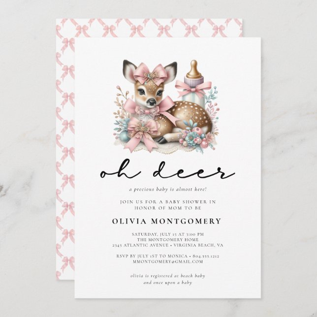 Invitación Oh Deer Pink Bows Woodland Forest Baby Shower  (Anverso / Reverso)