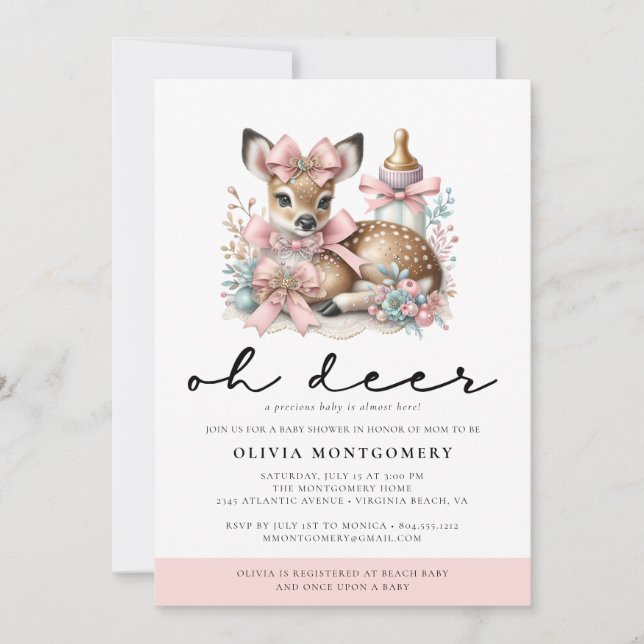 Invitación Oh Deer Pink Bows Woodland Forest Baby Shower (Anverso)